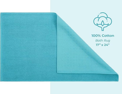 American Soft Linen Bath Rug, 17 in 24 in 100% Cotton Bath Mats Rugs for Bathroom, Slip Reducer Washable Shaggy Form Area Rugs, Turquoise Blue Bath Rug