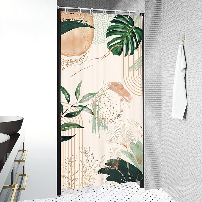 Small Stall Boho Shower Curtain 36Wx72H RV Tropical Green Leaf Modern Bohemian Green Abstract Narrow Half Bathroom Decor Palm Mid Century Minimalist Bath Curtain Fabric Polyester 7 Pack Hooks