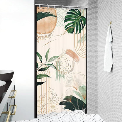 Small Stall Boho Shower Curtain 36Wx72H RV Tropical Green Leaf Modern Bohemian Green Abstract Narrow Half Bathroom Decor Palm Mid Century Minimalist Bath Curtain Fabric Polyester 7 Pack Hooks