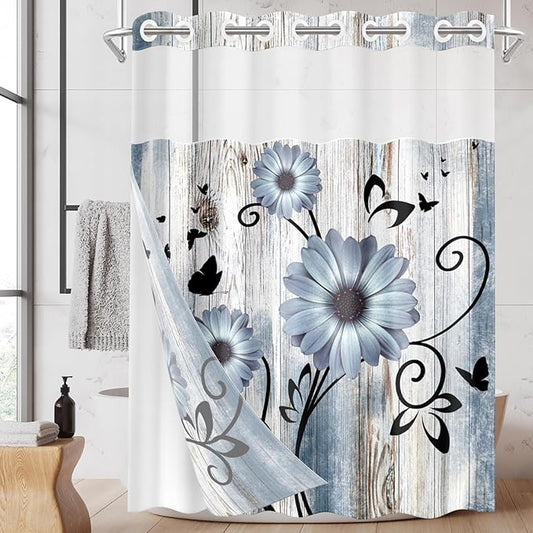 No Hook Blue Flower Shower Curtain with Snap in Fabric Liner Set, Daisy Rustic Farmhouse Double Layers Waterproof Fabric with See Through Top Window Open Grommet Bath Curtain 71x74 Inch
