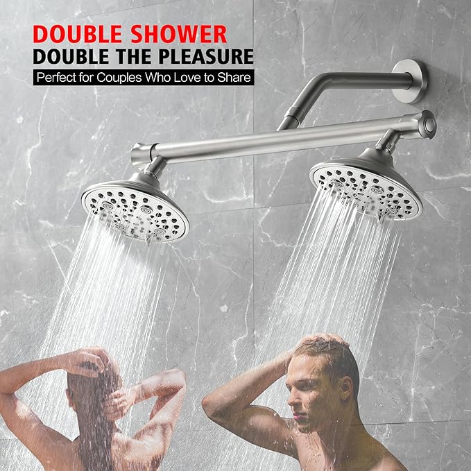 sumerain Dual Shower Head Combo Set for Couples,Brushed Nickel High Pressure 6 Spray Settings Showerhead,20 Inch Long Shower Arm