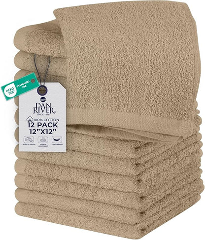 DAN RIVER 12 Pack Wash Cloths for Showering [12x12] - 100% Cotton Washcloths Premium Quality Flannel Face Cloths for Bathroom, Highly Absorbent and Soft Feel Wash Clothes, Tan