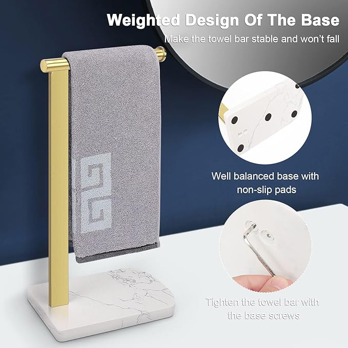 NearMoon Hand Towel Holder with Balanced Marble Base, 304 Stainless Steel Stand Towel Ring L Shape Hand Towel Rack Free-Standing Towel Bar for Bathroom Kitchen Countertop (Single Rod, Brushed Gold)
