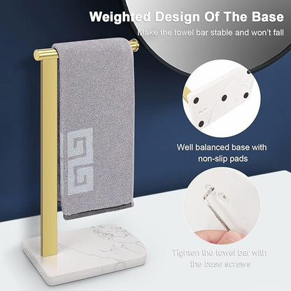 NearMoon Hand Towel Holder with Balanced Marble Base, 304 Stainless Steel Stand Towel Ring L Shape Hand Towel Rack Free-Standing Towel Bar for Bathroom Kitchen Countertop (Single Rod, Brushed Gold)