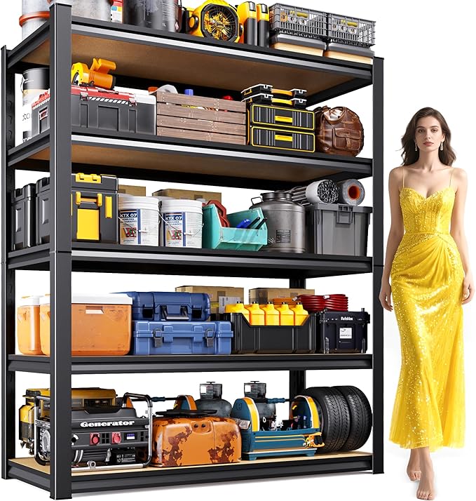AOARGG 78" H Garage Shelving, 5-Tier Heavy Duty Storage Shelves, Adjustable Metal Shelving Unit, Utility Garage Organizer Shelf, for Basement Warehouse Pantry, 45.6" W x 19.7" D x 78" H, Black
