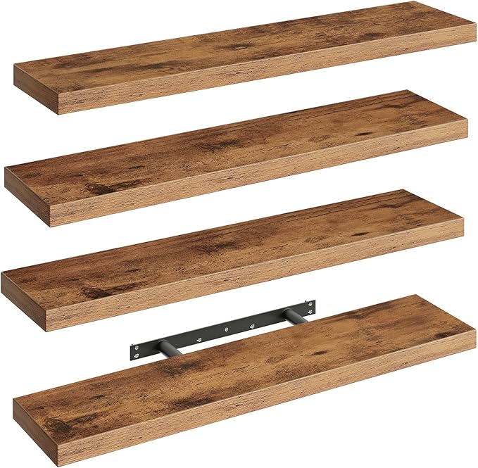 Floating Shelves for Wall, 1.5" Thick Wall Shelf Set of 4 with Invisible Brackets, 31.5 x 7.9W Hanging Shelves Farmhouse Home Decor for Bathroom, Living Room, Bedroom, Rustic Brown 8301BJP4BF