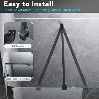 Frameless Shower Door Support Bar, Stainless Steel Wall-to-Glass Support Arm to Fixed Shower Glass Panel, for 1/4"-3/8" (6-10 mm) Door, 180° Pivot & Stow-Flat Mode (Matte Black, 15.8-inch(400mm))