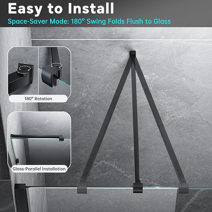 Frameless Shower Door Support Bar, Stainless Steel Wall-to-Glass Support Arm to Fixed Shower Glass Panel, for 1/4"-3/8" (6-10 mm) Door, 180° Pivot & Stow-Flat Mode (Matte Black, 31.5-inch(800mm))