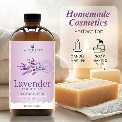 Handcraft Blends Lavender Essential Oil in Glass Bottle – Huge 16 Fl Oz – 100% Pure and Natural – Premium Grade Oil for Diffuser and Aromatherapy, Skin, Massage, Candle and Soap Making Fragrance