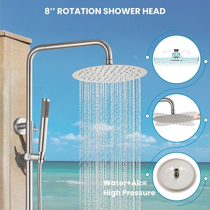 gotonovo Outdoor Shower Fixtures SUS304 Stainless Steel Rain Shower Kit Faucet High Pressure Wall Mount 2 Dual Function 8 Inch Showerhead and Handheld Spray Combo, Double Cross Handle, Brushed Nickel