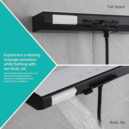 Matte Black Rain Shower System Combo: 10" Wall-Mounted Shower Fixtures with 2-in-1 Handheld Spray, Shower Valve with Body Jets, and Waterfall Spout Shower Faucet Set