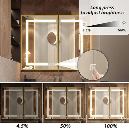 APRILSOUL 36X30 Inch Gold Bathroom Medicine Cabinet with Mirror, Recessed or Surface Lighted Medicine Cabinet with 3 Colors Temperature, Dimmable Light