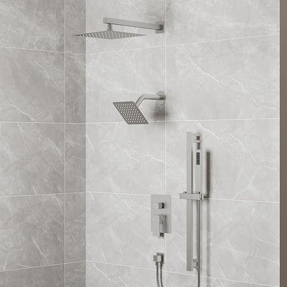 10" High-Pressure Rainfall Shower Faucet with Handheld Spray, Wall Mount Dual Shower Head System with Slide Bar (Brushed Nickel)