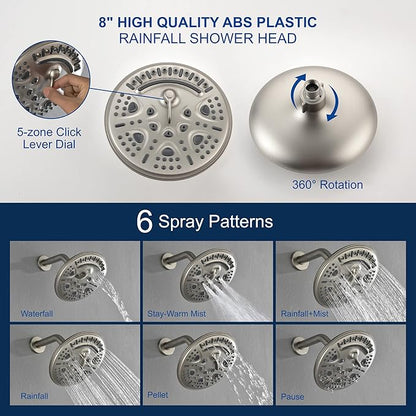 SHAMANDA Shower Tub Faucet Set with Rough-in Valve and Trim Kit, Shower System with Waterfall Diverter Tub Spout, Single Handle 8 Inch 6-Spray Rain Shower Head Combo Set, Brushed Nickel, L818-2
