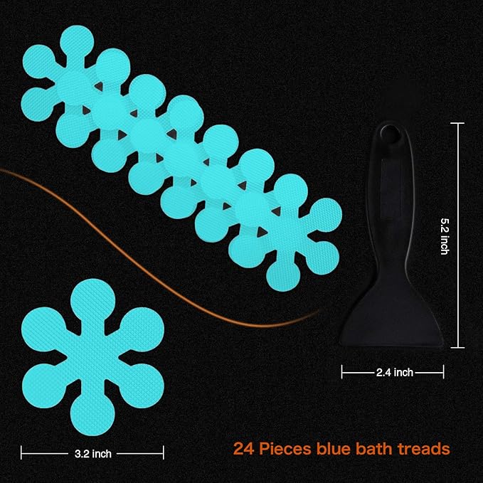 Bathtub Stickers Non-Slip, 24 PCS Safety Shower Treads Adhesive Appliques with Premium Scraper (Blue)