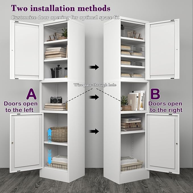 COFaR 67" Tall Metal Bathroom Storage Cabinet,6-Tier Freestanding Linen Tower with 2 Doors,Narrow Slim Metal Locker Storage Cabinet for Small Spaces,Modern,White
