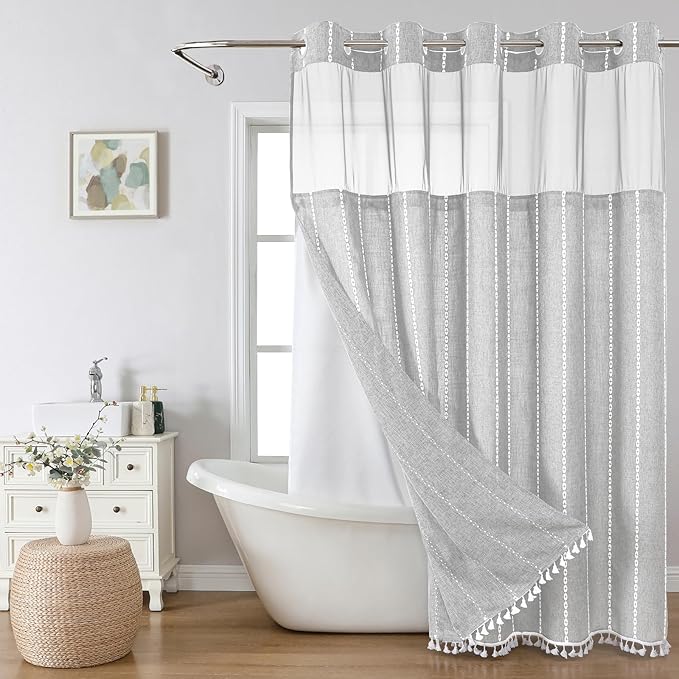 No Hook Long Shower Curtain Set with Snap-in Fabric Liner,Linen Ultra Thick Fabric with Tassels,Boho Chic Modern Farmhouse Country Neutral Cloth Shower Curtains for Bathroom,Grey/Gray,71x80