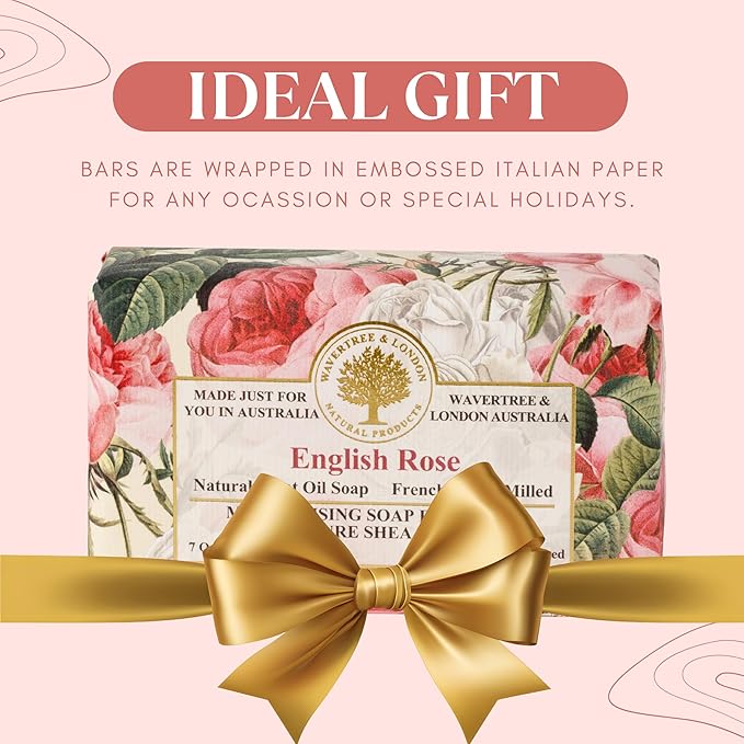 Wavertree & London English Rose Scented Natural Soap Bars for Women & Men (2 x 7oz) – Moisturizing Triple-Milled Soap Bars Enriched with Shea Butter – Plant-Based Bath & Body Bar for All Skin Types