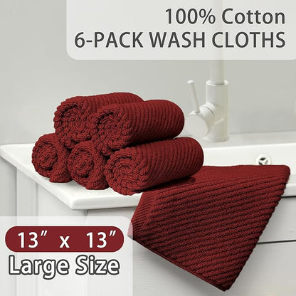 VOOVA & MOVAS Red Washcloths, 6PC 13"x13" - 100% Cotton | Quick Dry | Lightweight | Thick | Soft | Absorbent, Bath Hand Towels Set for Face & Body, Face Towels for Bathroom, Towel Gift Set, Burgundy