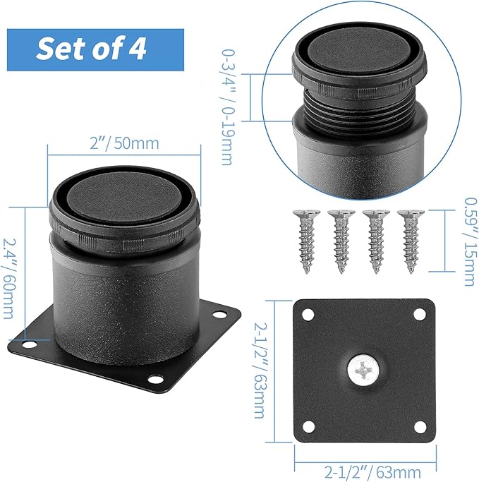 2.5 Inch Metal Furniture Legs Stainless Steel Adjustable Legs Black Metal Legs Round Cabinet Legs for Coffee Table Cabinet Desk Sofa Shelves, Pack of 4