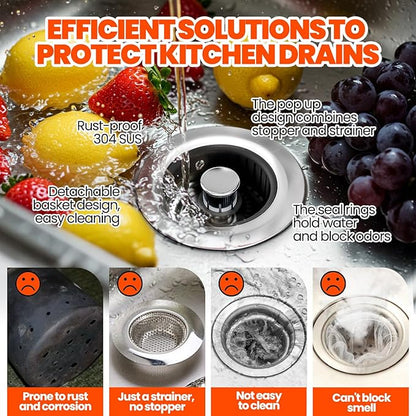 3 in 1 Kitchen Sink Drain Strainer & Sink Stopper Upgraded Stainless Steel Drain Plug with Anti-Clog Basket Drain Stopper Combo, Pop Up Sink Stopper for Standard 3-1/2''