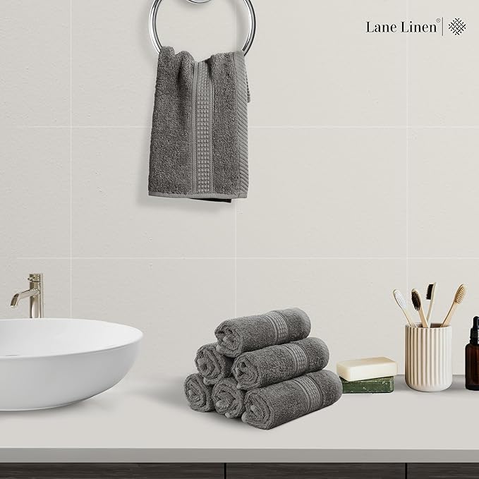 LANE LINEN 100% Ringspun Cotton Hand Towels for Bathroom Set of 6 (16"x28") - Holiday Hand Towel Set - Super Durable, Quick Dry, Soft & Highly Absorbent Hand Towels - Fade Resistant - Space Grey