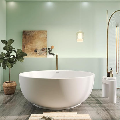 59" x 59" Premium Solid Surface Freestanding Bath Tub, Upgraded Round Soaking Deep Stone Resin Tubs with Overflow and Pop-up Drain, Matte White