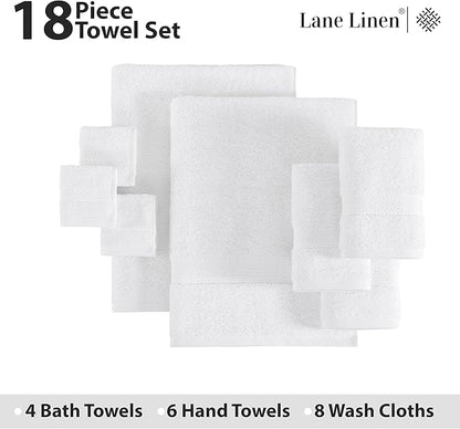 LANE LINEN 100% Cotton Luxury White Bath Towels - 18 Pieces, Ring-Spun Technology - 4 Bath, 8 Washcloths, 6 Soft Hand Towels, Machine Washable, Remains Soft & Absorbent Even After Multiple Washes