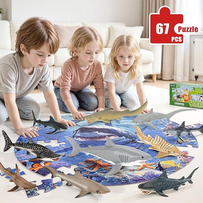 Shark Toys for Kids, 10PCS 5-8" Realistic Shark Figurines & 67PCS 20'' Large Sea Ocean Animals Jigsaw Puzzles Toys for Kids Ages 4-6, Birthday Party Favors & Gifts for Toddlers Boys Girls