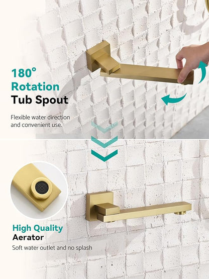 Lefton Shower System in Fahrenheit Display (Battery-free), 10” Overhead Shower Head with All-in-one Handheld Spray Showerhead and Bathtub Faucet, 4-in-1 Control System, SSWM2502 (Brushed Gold)
