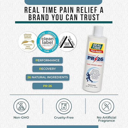 PR-26 by Real Time 12 fl oz Recovery Topical Lotion for Athletes - 26 Natural Ingredients Including Arnica, Magnesium Oil, Turmeric - Pre & Post Workout Muscle + Joint Rub for Your Athletic Lifestyle
