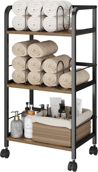 Towel Rack Free Standing Rolling 3-Tier with Removable Dividers & 2 Brake Wheels, Mobile Bathroom Storage Organizer with 3 Wood Shelves for Towels, Toiletries, Poolside Towel Holder