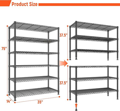 REIBII 75" H Metal Shelving 6 Tier Storage Shelf Adjustable Kitchen Shelf Wire Shelving Unit Detachable Storage Rack for Kitchen Laundry Living Room Commercial Heavy Duty Metal Shelf 75" X35" X14"
