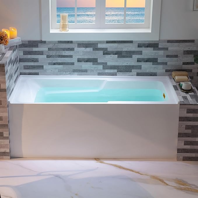 WOODBRIDGE 60" Acrylic Rectangular Alcove Soaking Bathtub in White with Right Drain, Brushed Gold Pop-Up Drain Included BA6030R