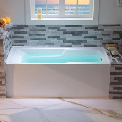 WOODBRIDGE 54" Acrylic Rectangular Alcove Soaking Bathtub in White with Right Drain, Brushed Gold Pop-Up Drain Included BA5430R