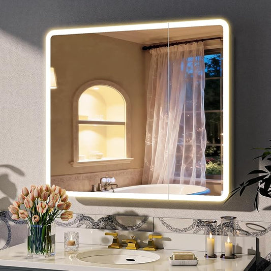 BEAUTYPEAK 36 x 32 LED Bathroom Medicine Cabinet Mirror, Adjustable Shelves, Silver Aluminum Cabinet, Anti-Fog Stepless Dimmable 3 Colors White/Natural/Warm, Easy to Install(Wall Mount/Recessed)