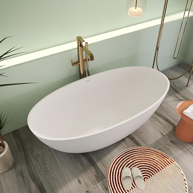 71" Premium Solid Surface Freestanding Bathtubs, Oval Stone Resin Tub with Overflow and Pop-up Drain, Matte White