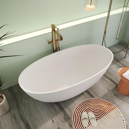 71" Premium Solid Surface Freestanding Bathtubs, Oval Stone Resin Tub with Overflow and Pop-up Drain, Matte White