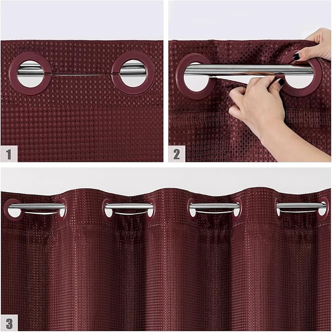 MitoVilla Burgundy Long Shower Curtain Liner Set 72 x 80, No Hooks Needed 80 inch Long Heavyweight Waffle Fabric Shower Curtain Set with Snap-in Liner for Hotel Grade Spa-Like Bathroom Decor, Burgundy