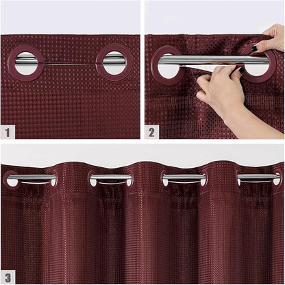 MitoVilla No Hooks Needed Extra Long Shower Curtain Liner Set, Burgundy 86 inch XL Heavyweight Waffle Fabric Cloth Shower Curtains Set with Snap-in Liner for Modern Luxury Hotel & Spa Bathroom Decor
