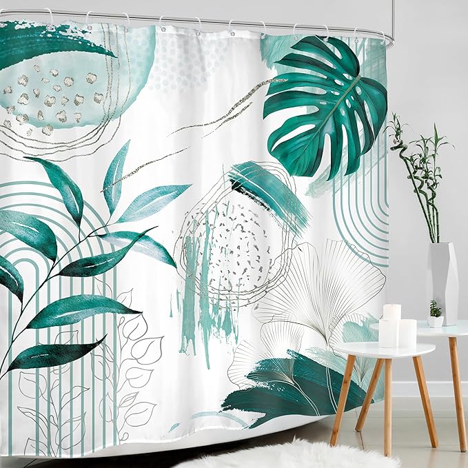 Green Boho Shower Curtain 72Wx72H Bohemian Modern Abstract Teal Tropical Palm Leaves Plant Arch Lines Mid Century Bathroom Decor Minimalist Geometric Bath Curtain Fabric Polyester 12 Pack Hooks