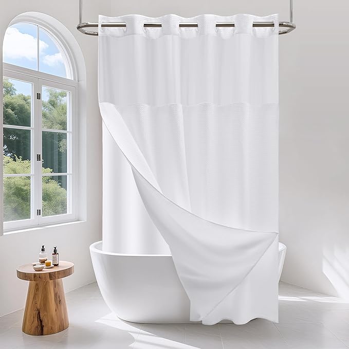 No Hook Waffle Weave Shower Curtain Set with Snap-in Fabric Liner and Mesh Top Window,256GSM Heavy Duty Fabric,White Washable Luxury Shower Curtain for Bathroom Stalls (72x75 Inch)