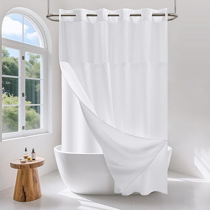 No Hook Waffle Weave Shower Curtain Set with Snap-in Fabric Liner and Mesh Top Window,256GSM Heavy Duty Fabric,White Washable Luxury Shower Curtain for Bathroom Stalls (72x75 Inch)