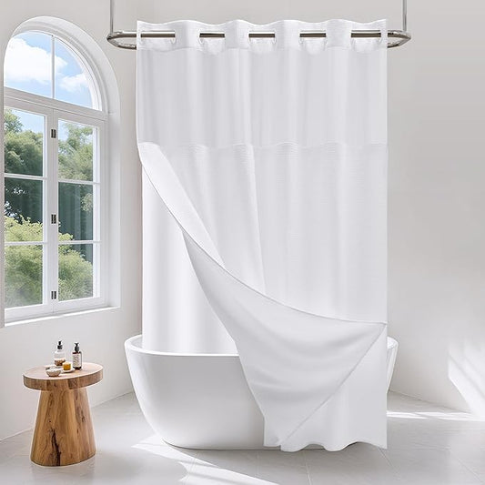 No Hook Waffle Weave Shower Curtain Set with Snap-in Fabric Liner and Mesh Top Window,256GSM Heavy Duty Fabric,White Washable Luxury Shower Curtain for Bathroom Stalls (72x75 Inch)
