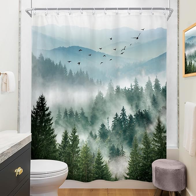 Riyidecor Green Shower Curtain 54Wx78H Inch Long Rustic Mountain Scenery Pine Tree Greenery Landscape Natural Woodland Mens Nature Bathroom Decor Fabric Polyester Waterproof 12 Pack Hooks
