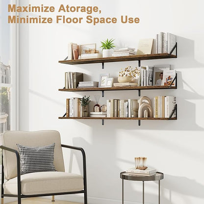 Fun Memories Extra Long Floating Wall Shelves, 48 x 8 Inches, Set of 3 Large Wood Floating Bookshelves with Metal Brackets for Storage & Display (Rustic Brown)