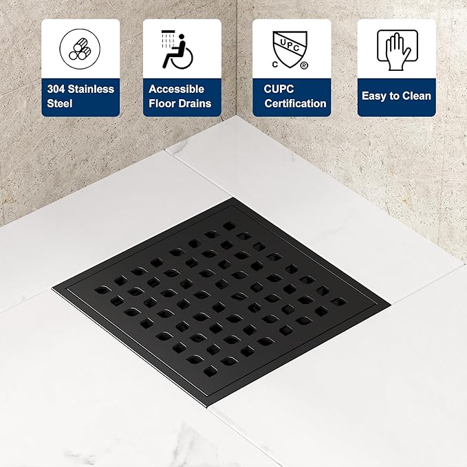 Neodrain Square Shower Drain,6 inch Black Stainless Steel 304 Grate and PVC Drain Body, Grate with Kit Includes Hair Trap/Strainer,Lifting Hook and PVC Drain Base