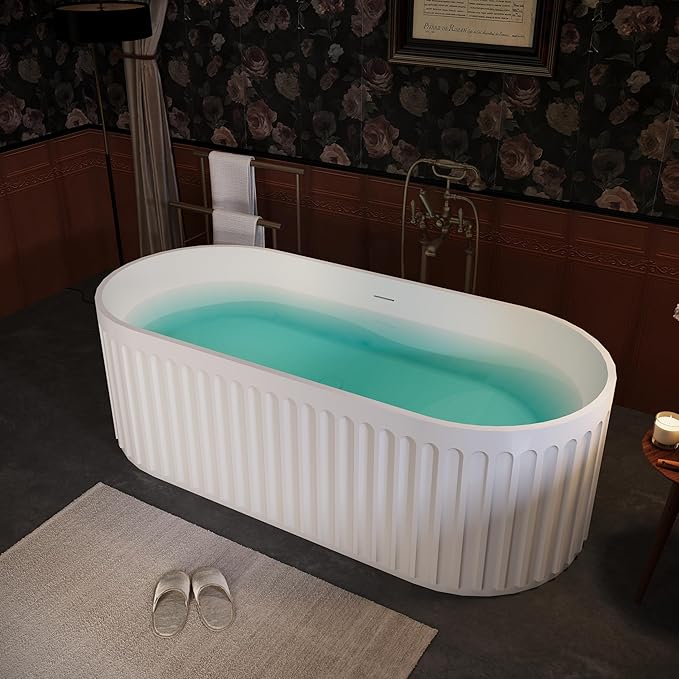 67" Freestanding Solid Surface Bathtub, Luxury Engineered Stone Resin Freestanding Soaking Bathtub with Overflow and Pop-up Drain cUPC Certified, Matte White