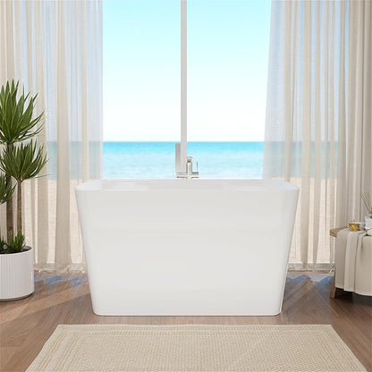 47" Lucite Acrylic Freestanding Bathtub，Square Shape Janpanese Soaking Tub with Seat Desgin,Toe-tap Chrome Right Drain, Slotted Overflow, cUPC Certified,Glossy White