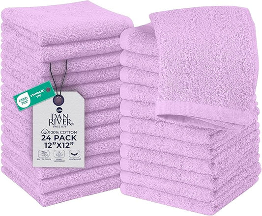 DAN RIVER 24 Pack Wash Cloths for Showering [12x12] - 100% Cotton Washcloths Premium Quality Flannel Face Cloths for Bathroom, Highly Absorbent and Soft Feel Wash Clothes, Lavendar